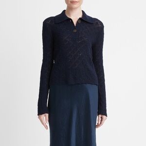 VINCE Lace Stitch Long Sleeve Wool Blend Polo Sweater Navy Size Small S